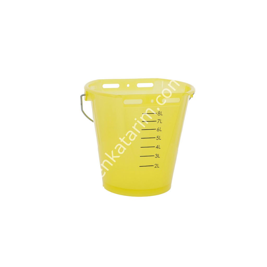 Sarı renkli 8 lt, skalalı, metal kulplu buzağı emzirme kovası, şeffaf