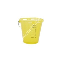 Sarı renkli 8 lt, skalalı, metal kulplu buzağı emzirme kovası, şeffaf