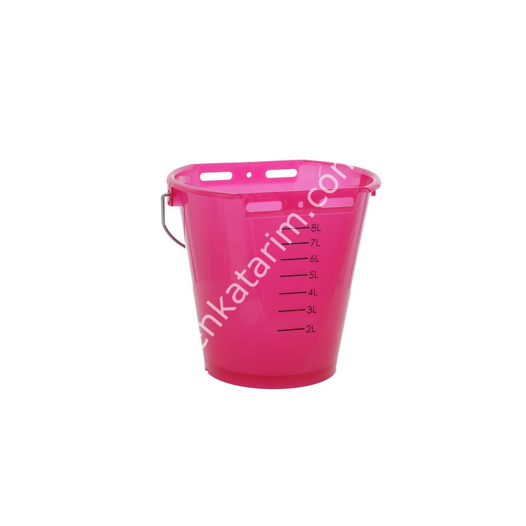 Kırmızı renkli 8 lt, skalalı, metal kulplu buzağı emzirme kovası, şeffaf